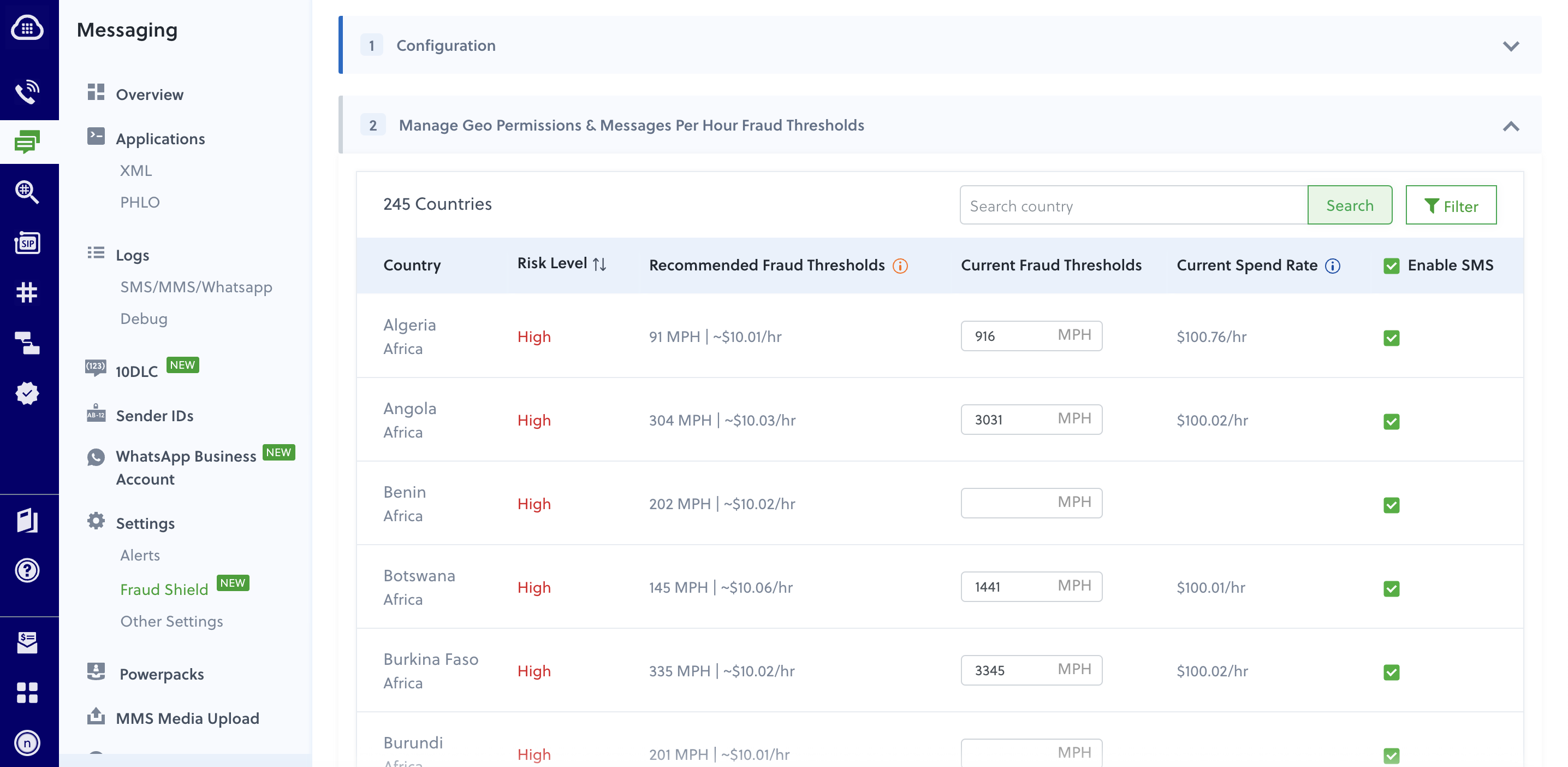 Manage Geo Permissions and messages per hour fraud thresholds