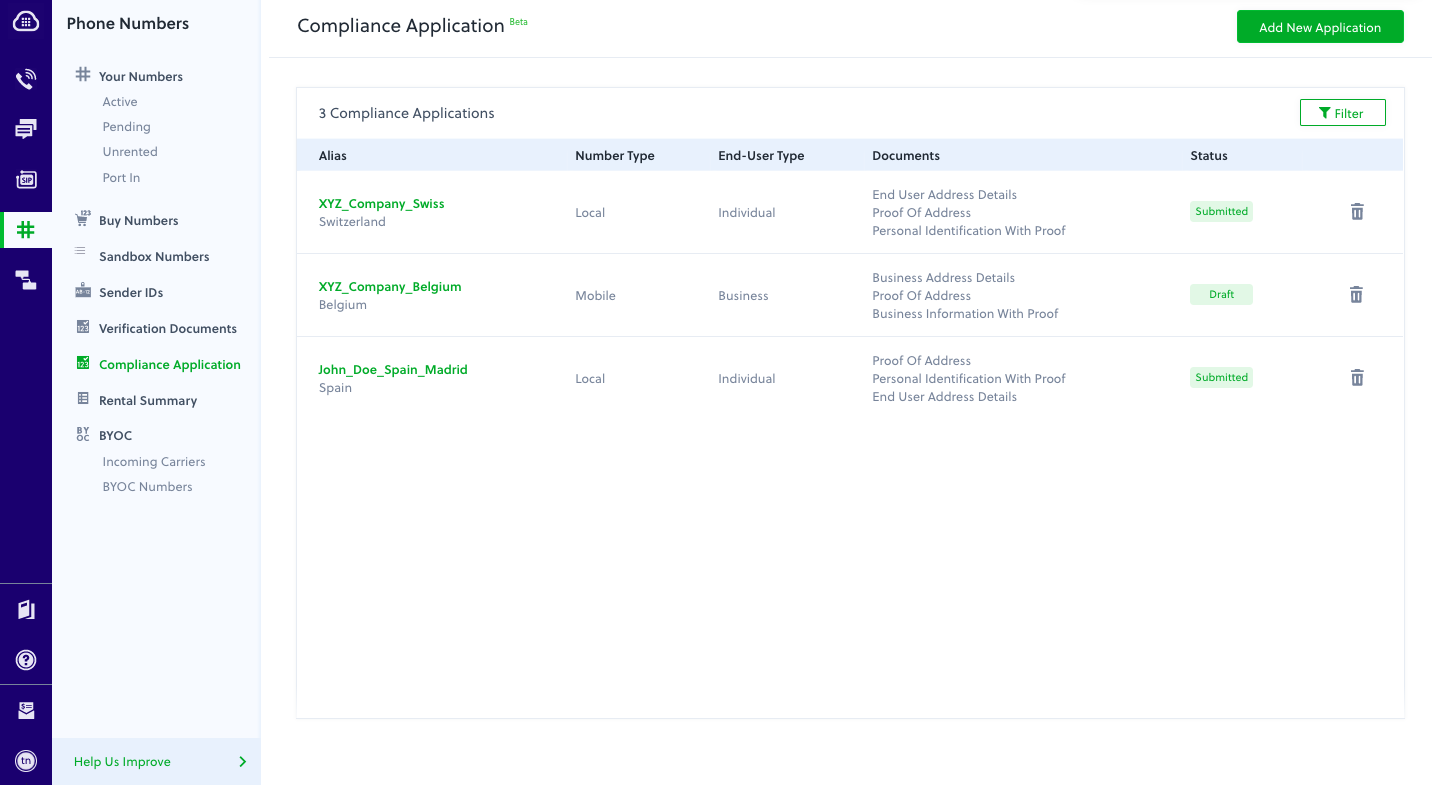 Compliance Application Screen