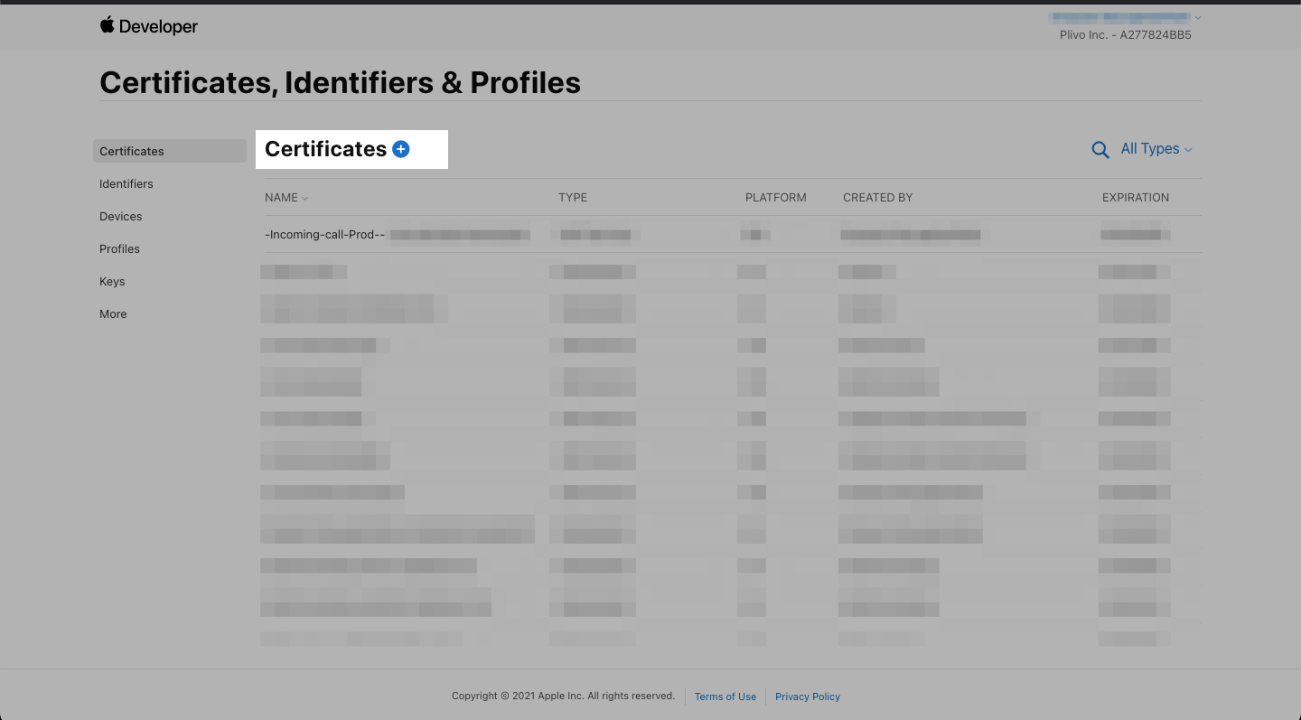 Certificates, Identifiers & Profiles page