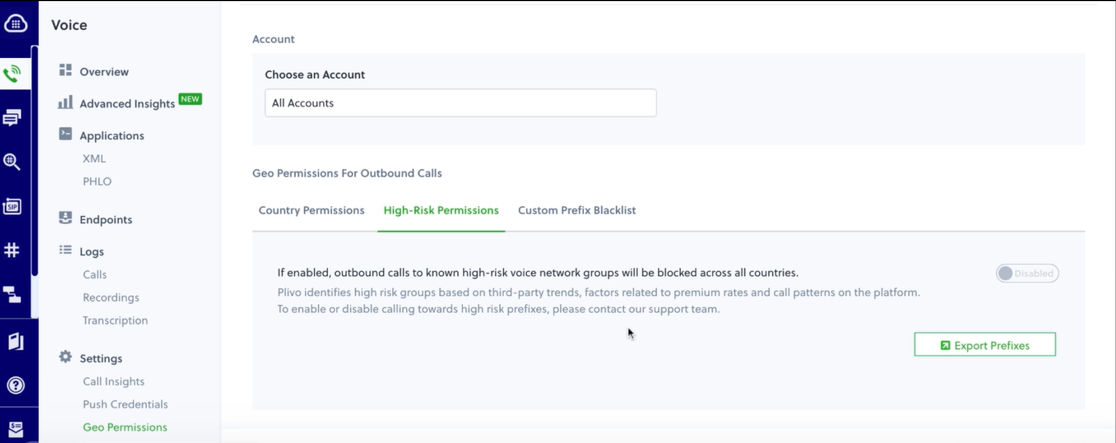 Image displaying Plivo screen to configure geo permissions for outbound calls