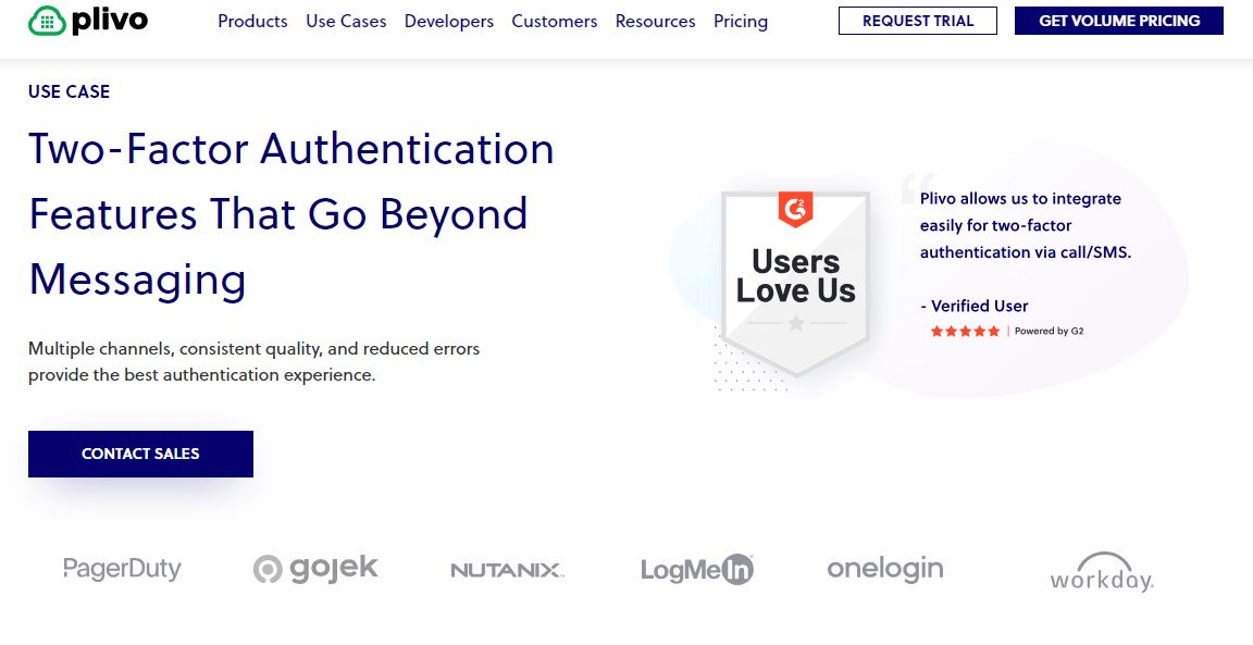 Image displaying Plivo’s 2FA features page  Key features 