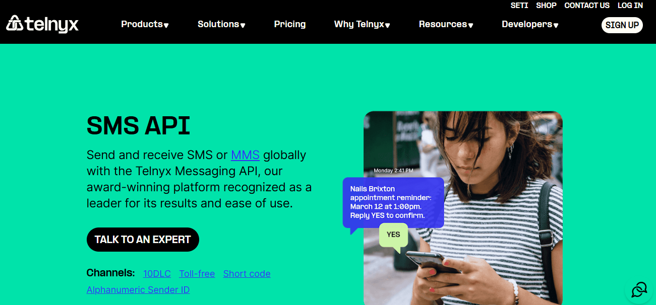Screenshot of Telnyx’s SMS API page on its website