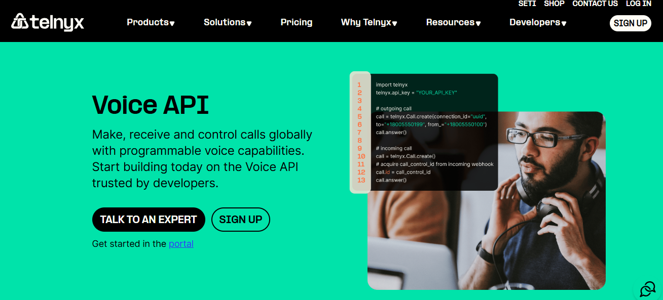Screenshot of Telnyx’s Voice API page on its website prompting users to get started