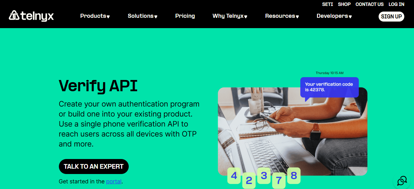 Screenshot of Telnyx’s Verify API on its website prompting users to talk to an expert or get started
