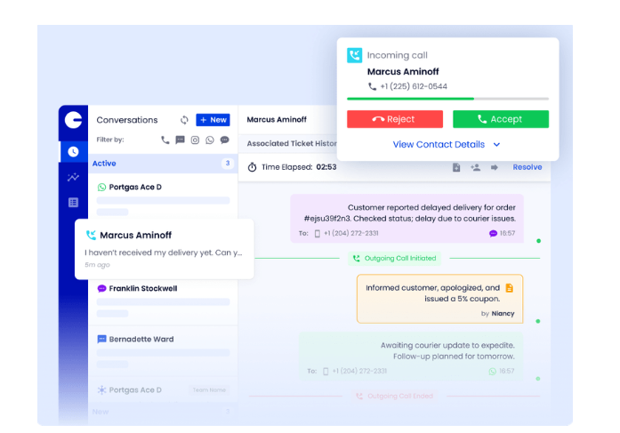 Support dashboard with active call handling and chat logs