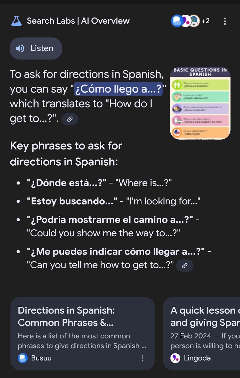 Example of Google Assistant’s interface displaying search results for the question asked