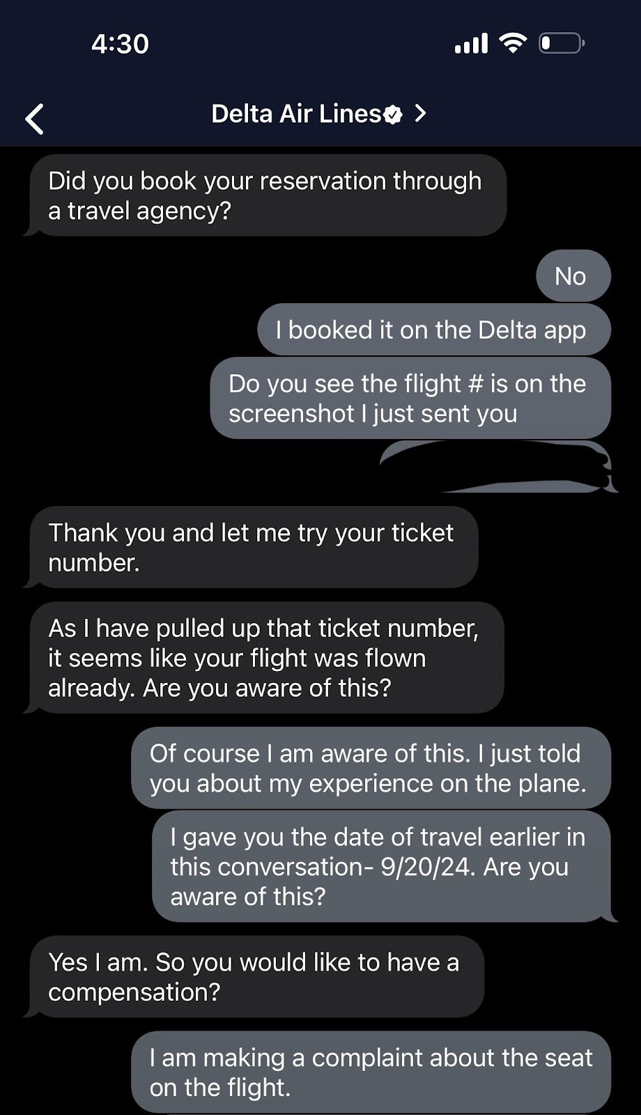 Delta Airlines chatbot  screenshot 