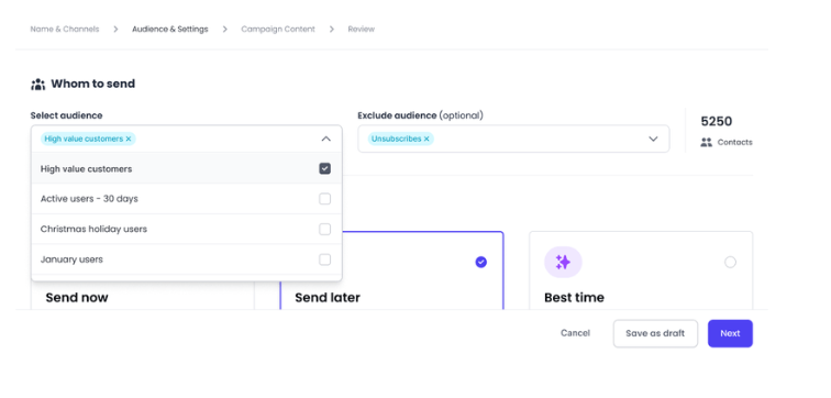Screenshot of Plivo’s user interface showing options to segment and target specific customer groups.