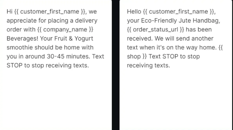 Image of an A2P SMS message confirming an order with order status.