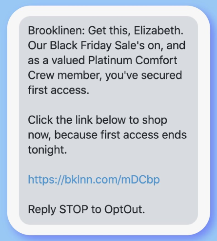 Screenshot showing SMS personalized messages sent to customers.