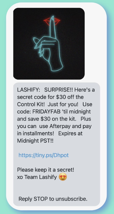 Screenshot showing a time-sensitive SMS promotion sent to customers.