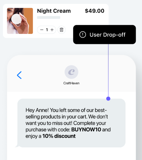 Screenshot showing timely cart reminders with discounts for completing purchases.