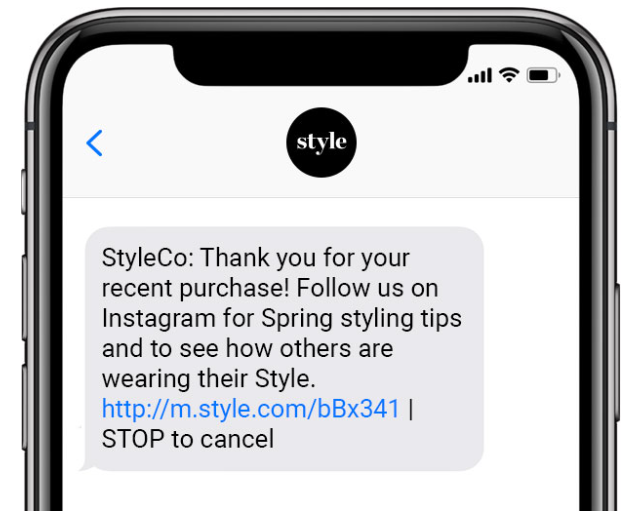 Screenshot showing a post-purchase SMS follow-up with product styling recommendations.