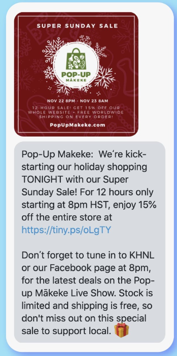 Image showing a retailer promoting a holiday sale via SMS.