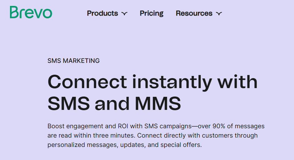 Screenshot of Brevo’s homepage showcasing SMS and CRM marketing features.