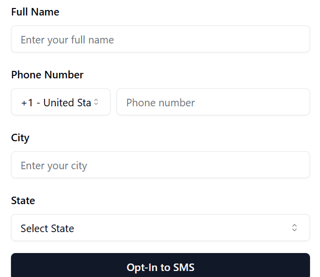A screenshot of an online form with fields for 'City' and 'State' and an 'Opt-In to SMS' button.