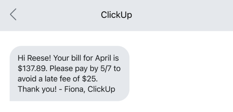 Image showing an SMS reminder for an upcoming payment due