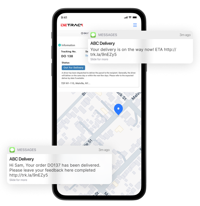 Image showing an SMS alert with real-time order tracking information.
