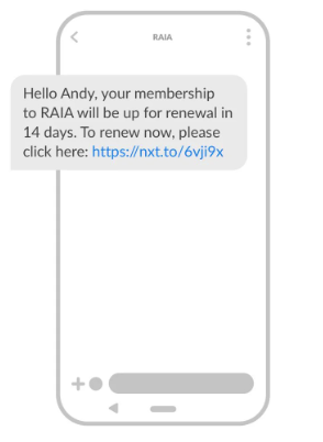 Image showing an SMS reminder for an expiring subscription with a renewal link.