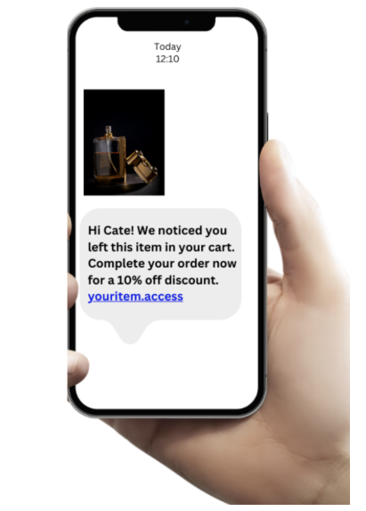 Image showing an SMS reminder for abandoned cart items with a discount offer.