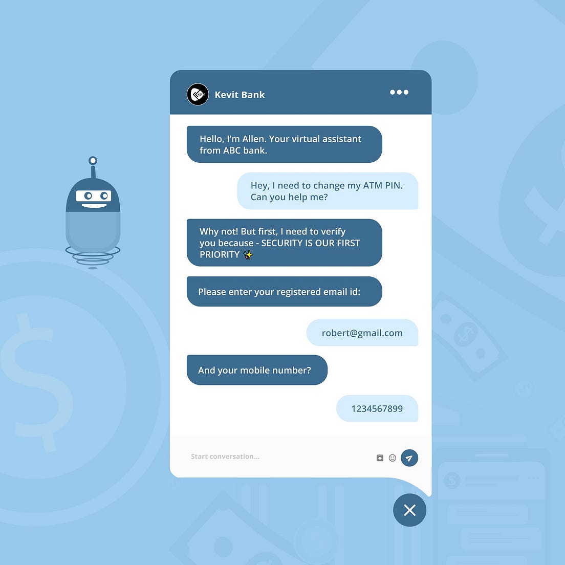 Image showing a bank chatbot verifying a user's identity before processing an ATM PIN change request.