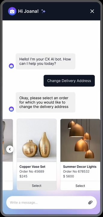 Chatbot interface showing a conversation about changing a delivery address