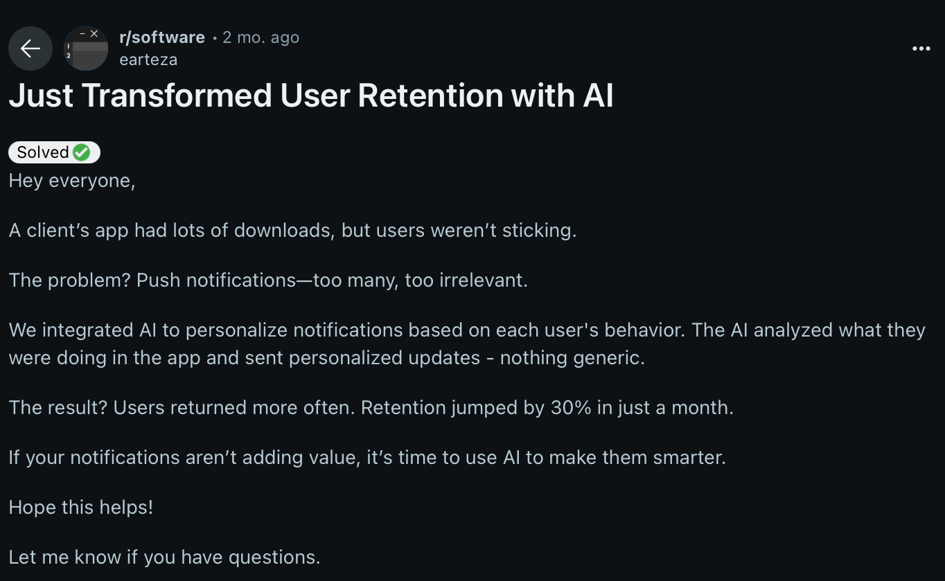  A Reddit post on user retention using AI