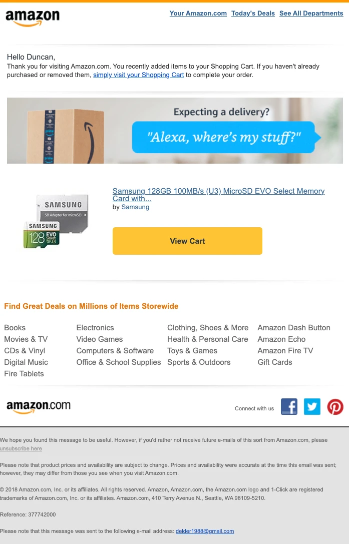 Amazon’s shopping cart reminder