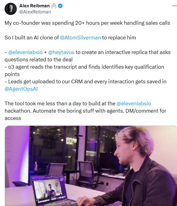 X post describing the creation of an AI clone to automate sales processes