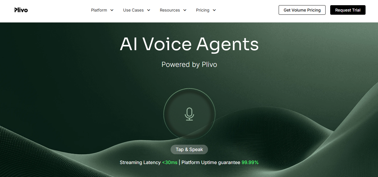 Screenshot of Plivo's AI Voice Agents webpage highlighting its real-time voice interaction capabilities