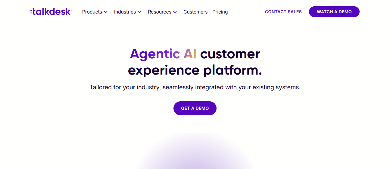 Talkdesk homepage highlighting its Agentic AI customer experience platform