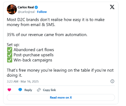 Tweet showing SMS automation boosts revenue with abandoned cart recovery