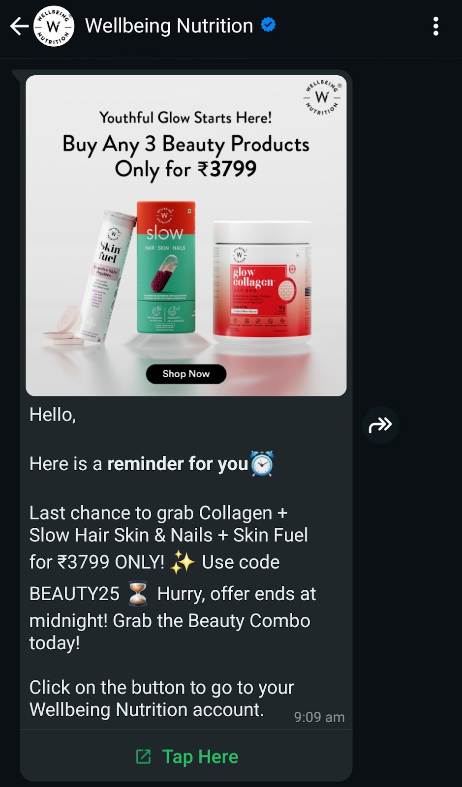 Wellbeing Nutrition WhatsApp chat offering a beauty combo deal