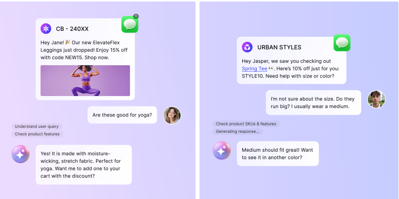  Examples of SMS chatbot conversations where AI agents respond to queries about product features and sizing