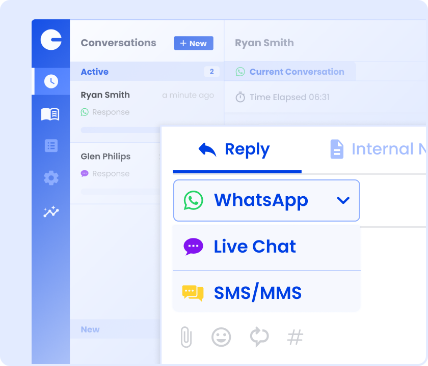User interface of Plivo’s Unified Agent Desktop showing channel options like WhatsApp, Live Chat, and SMS/MMS
