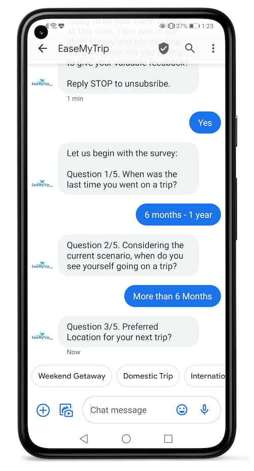 A mobile chat interface from EaseMyTrip conducting a customer survey with multiple-choice questions