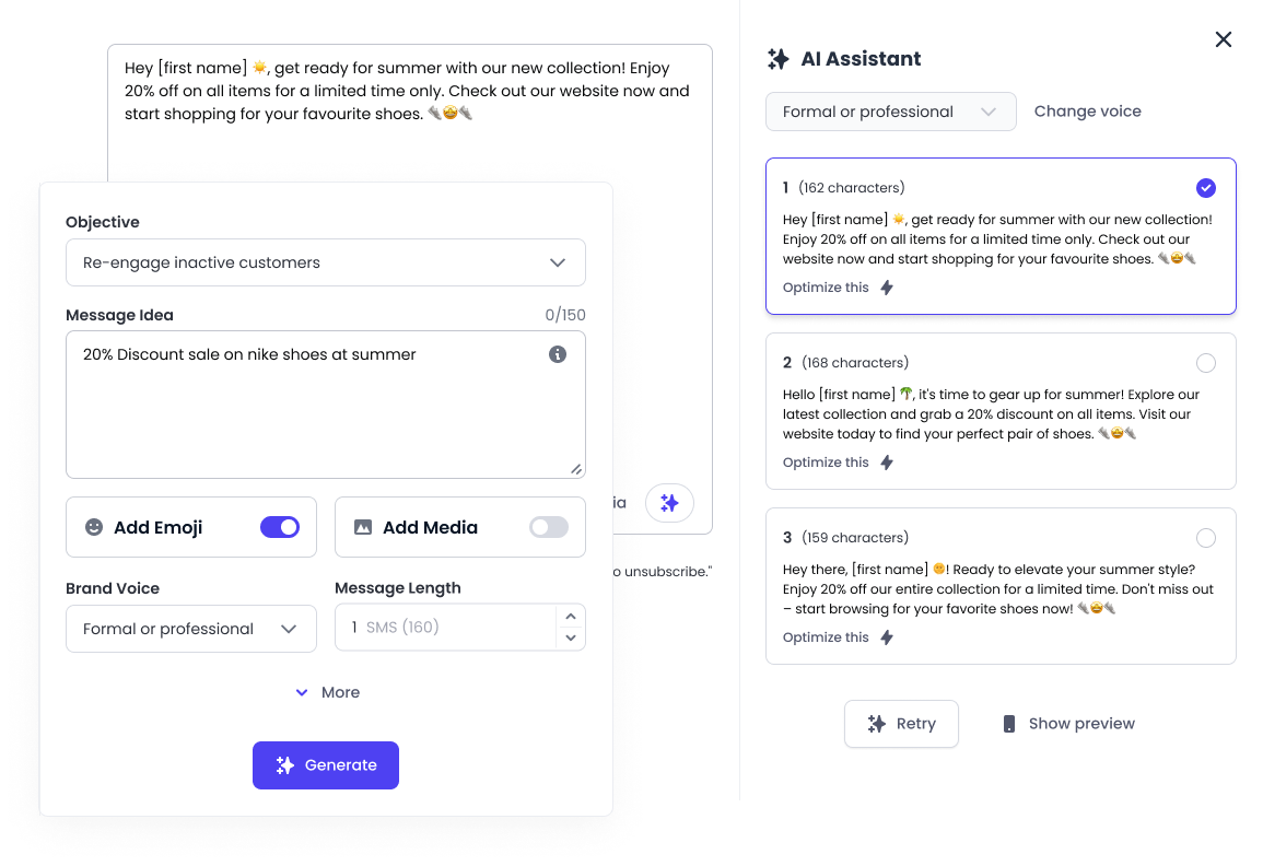 Image showing Copywriter AI generating personalized SMS messages.