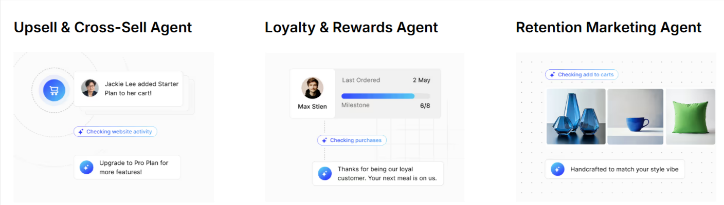 The image illustrates three agents. The Upsell & Cross-Sell Agent shows a shopping cart icon and text bubbles with upgrade prompts. The Loyalty & Rewards Agent displays a profile picture, order history, and a thank-you message. The Retention Marketing Agent includes images of blue and green home items with a message emphasizing style matching.