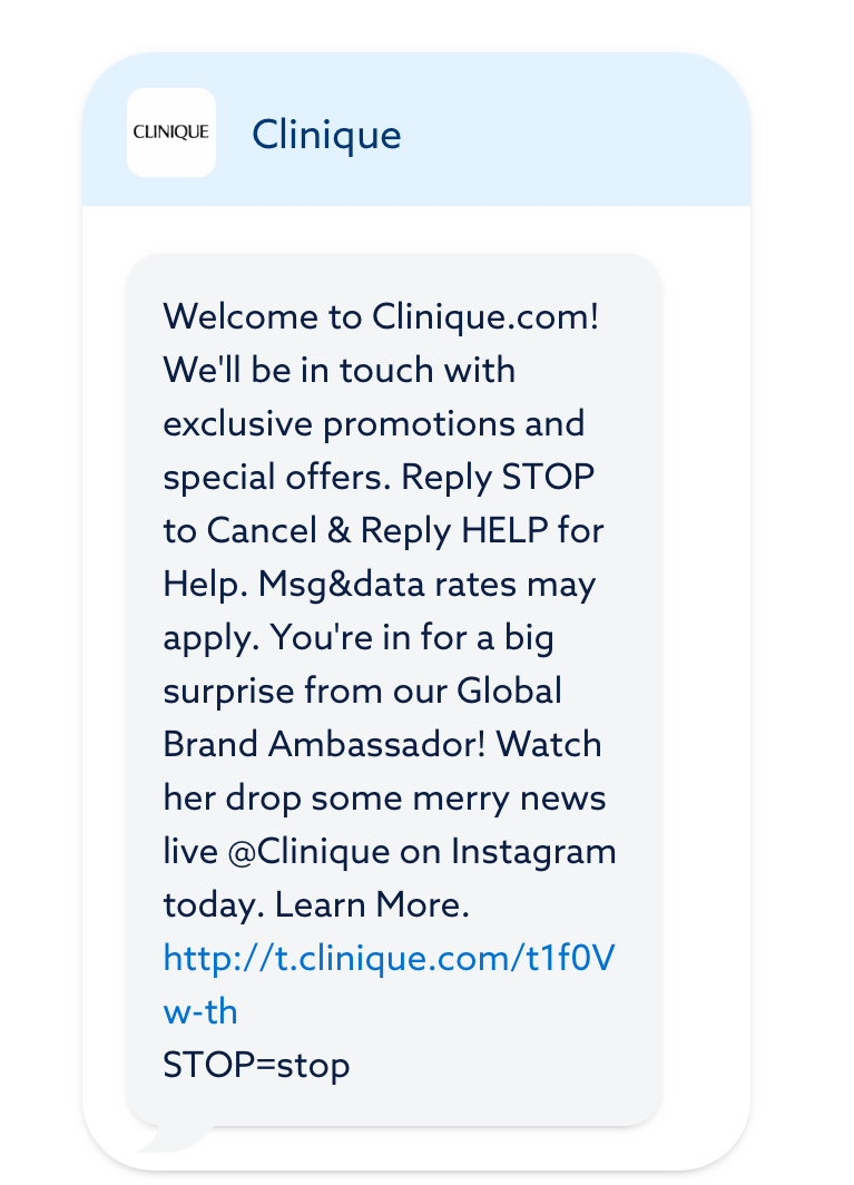Promotional welcome SMS from Clinique