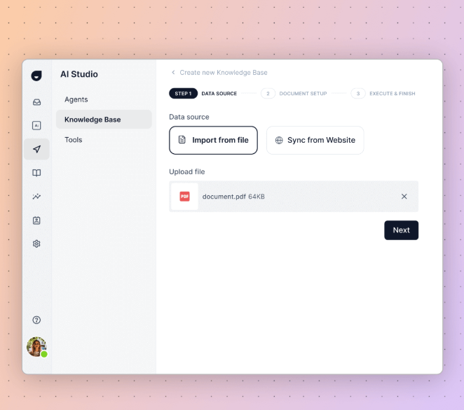 Dashboard image of Plivo’s AI Studio prompting users to import from a file or sync from a website