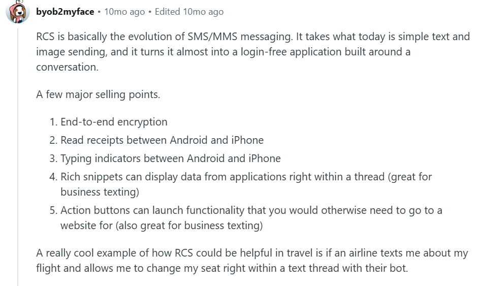 Screenshot of a Reddit comment explaining what RCS is