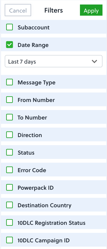 SMS message log filtering criteria