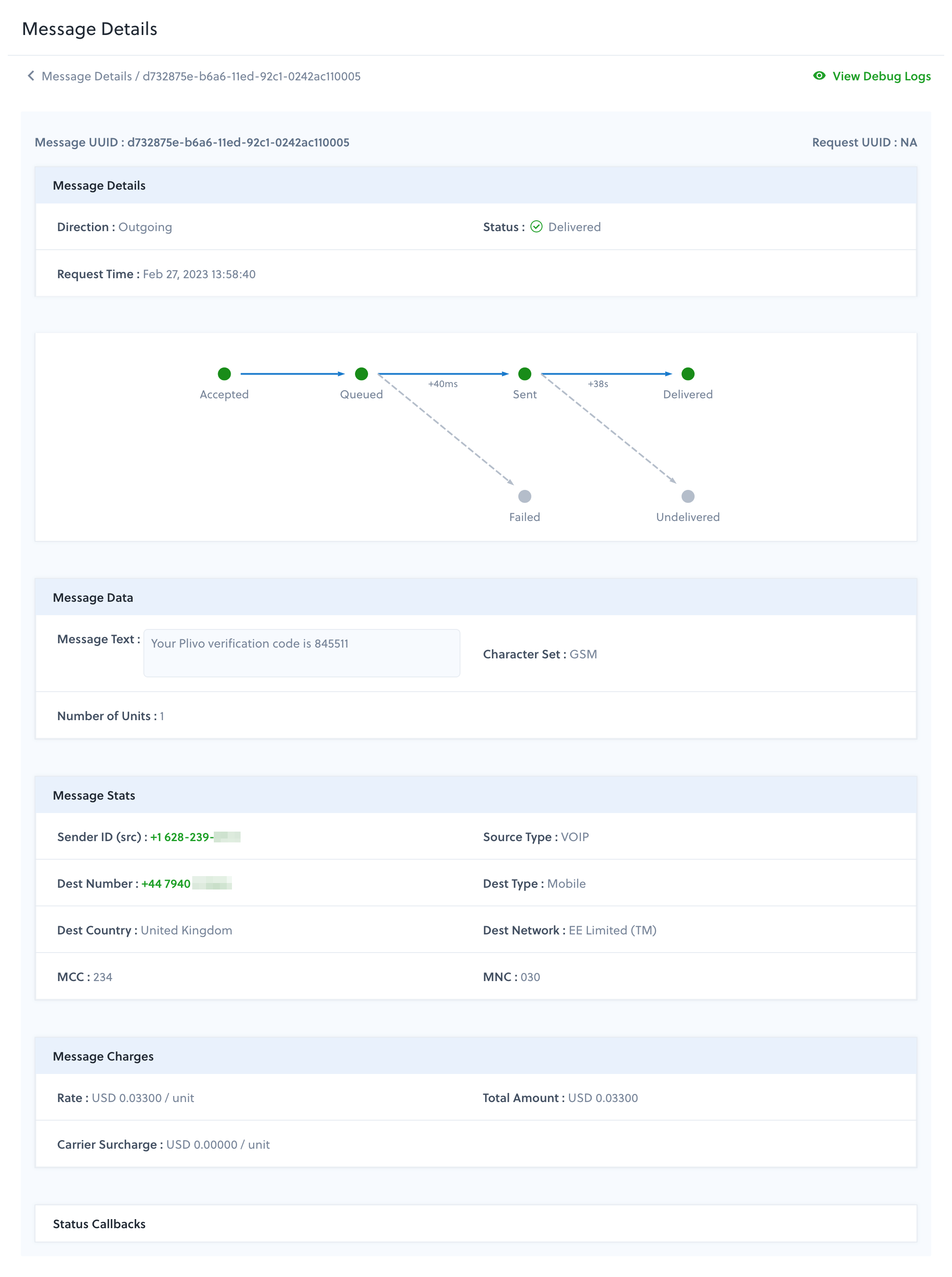 SMS message log detail record